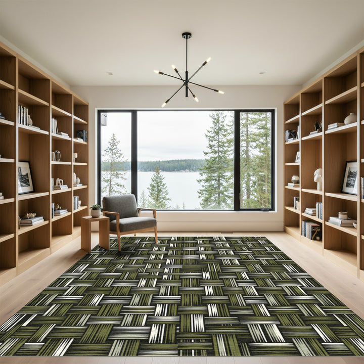 Woven Olive Green Abstract Rectangle Rug
