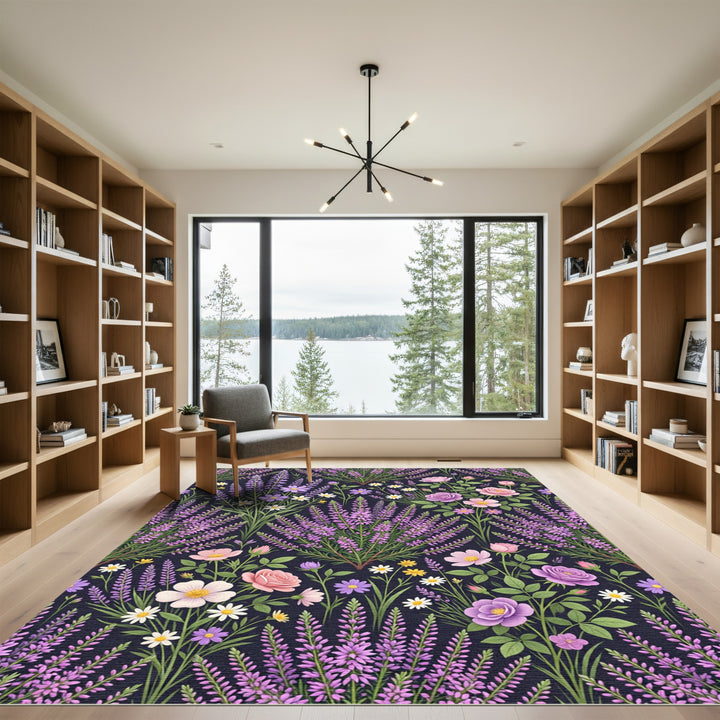 Whimsical Floral Lavender Rose Garden Rug