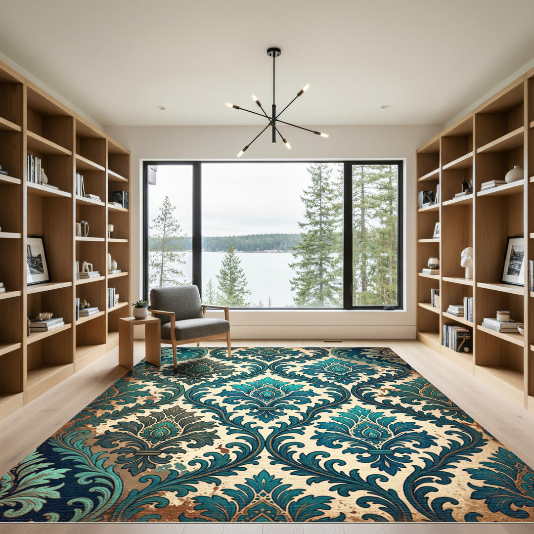 Ornate Teal Damask Scrollwork Rug