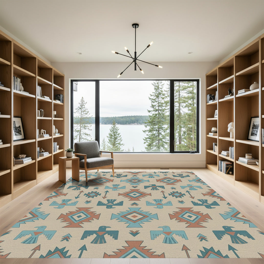 Terracotta Blue Thunderbird Geometric Rug