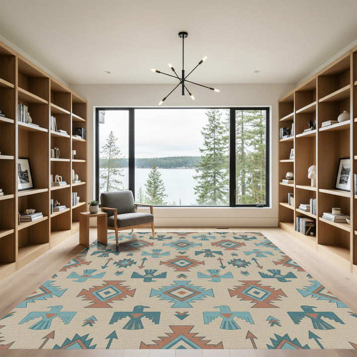 Terracotta Blue Thunderbird Geometric Rug