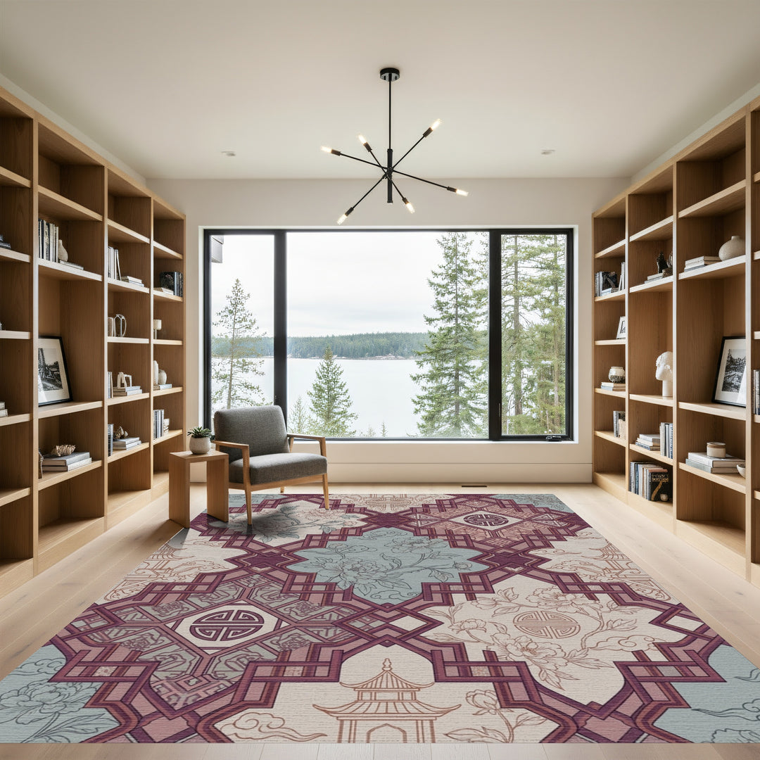 Burgundy Floral Pagoda Lattice Rug