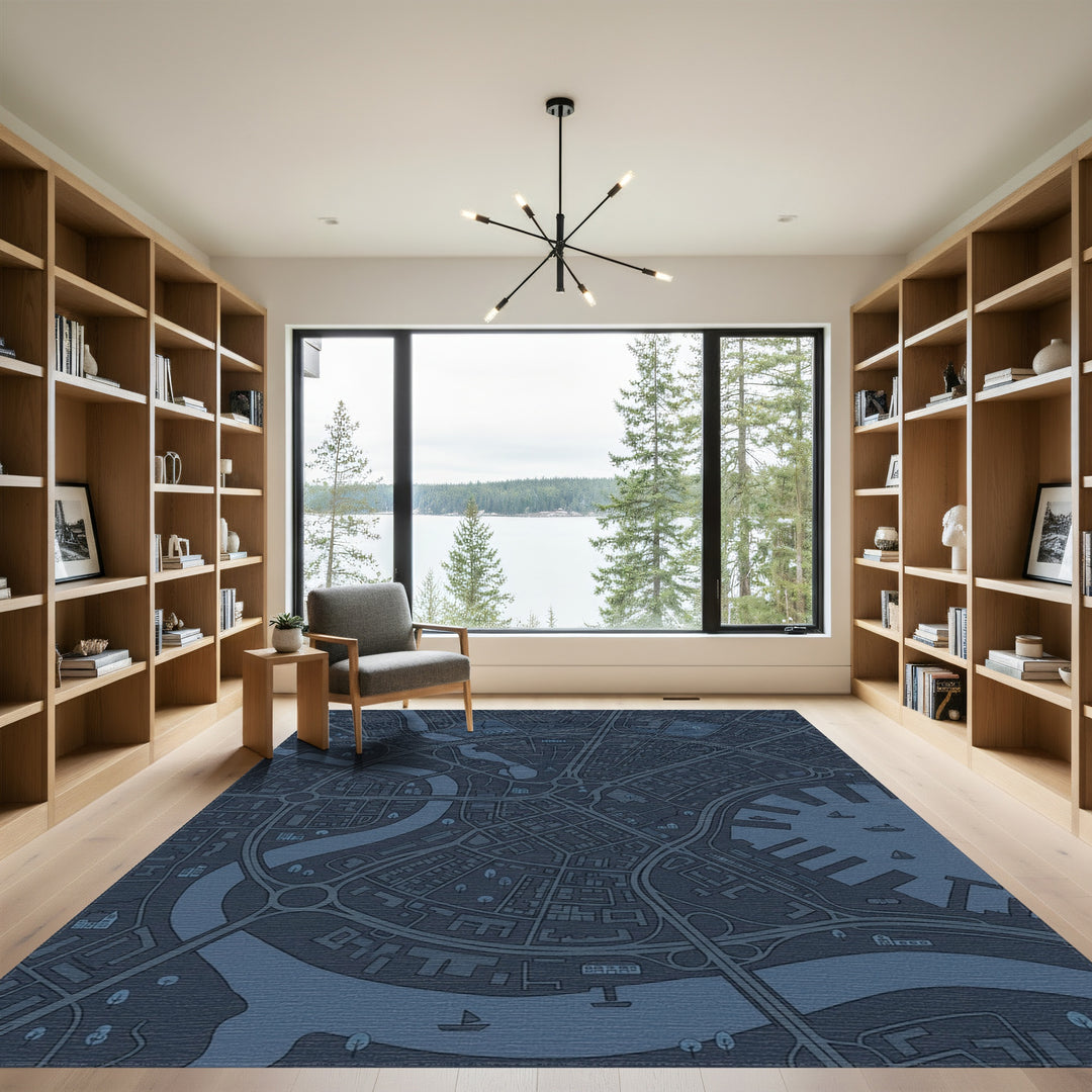 Dark Blue Cityscape Circular Layout Rug