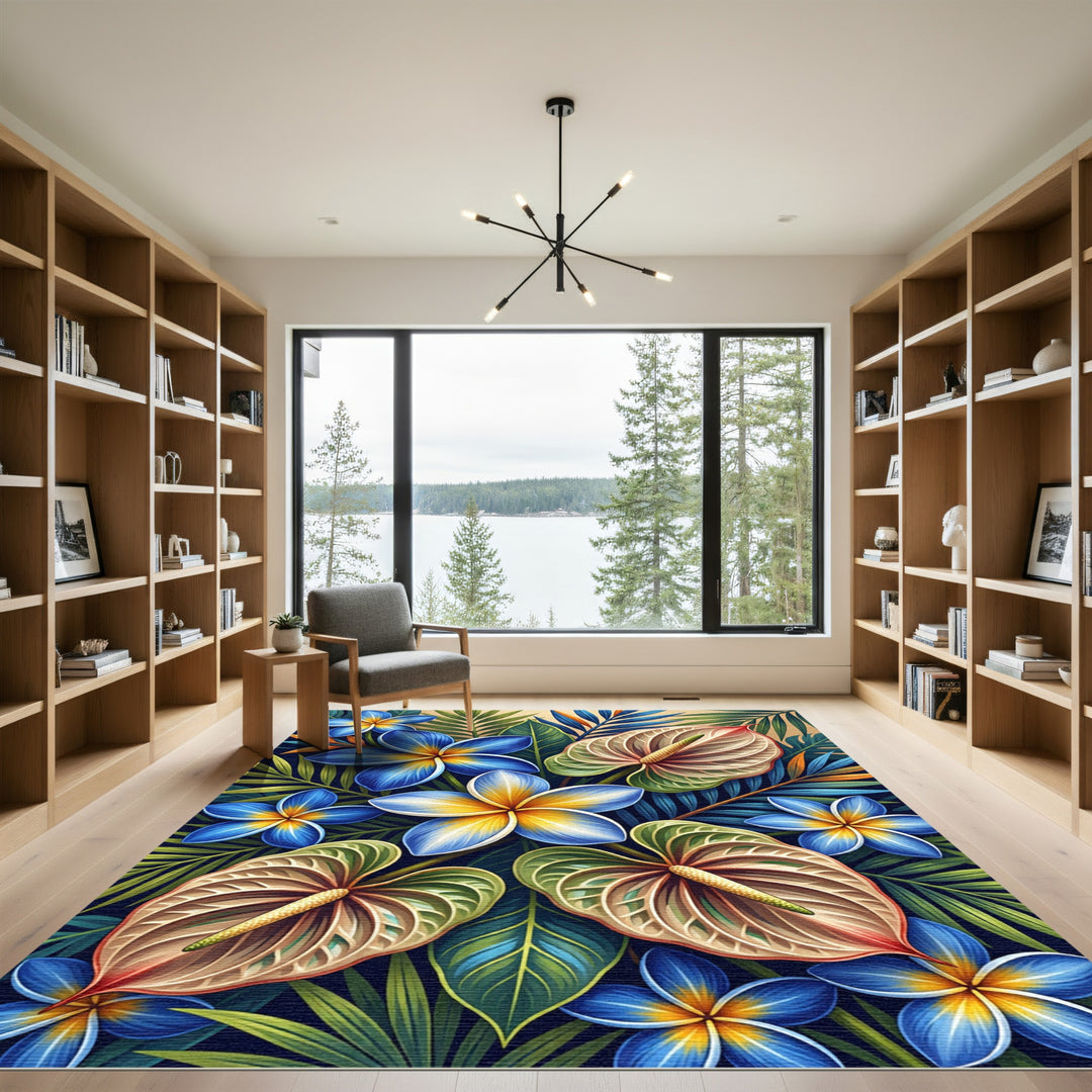 Vibrant Blue Yellow Tropical Floral Canvas Rug