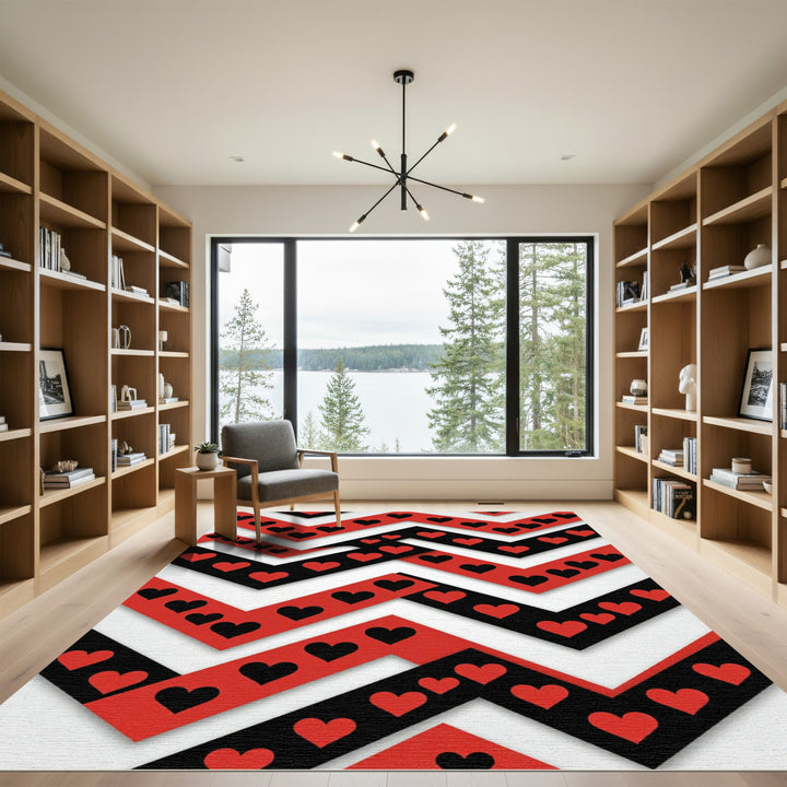 Bold Red Black Heart Chevron Rug