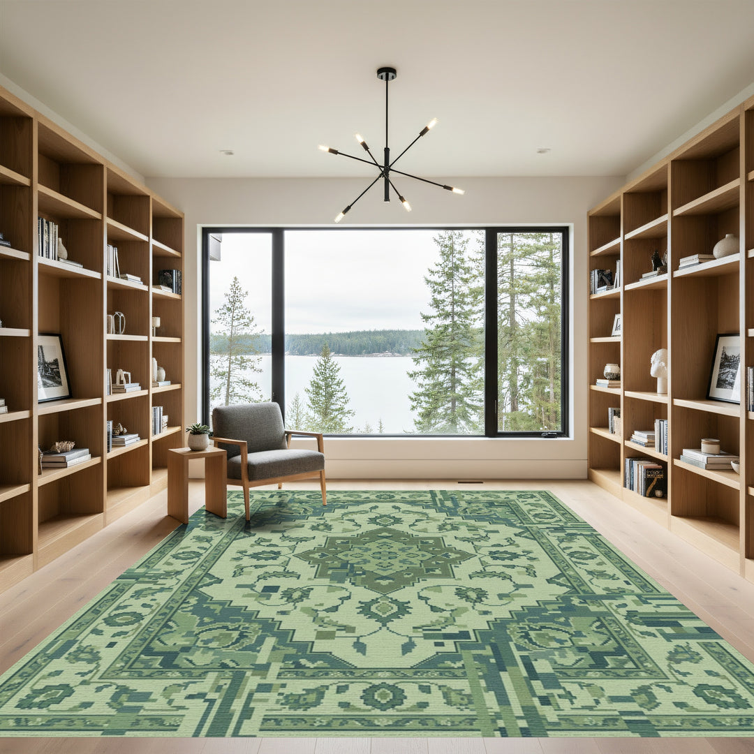 Muted Green Pixelated Floral Medallion Rug