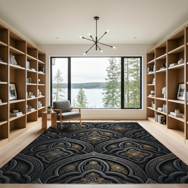 Ornate Gold and Gray Arch Medallion Rug