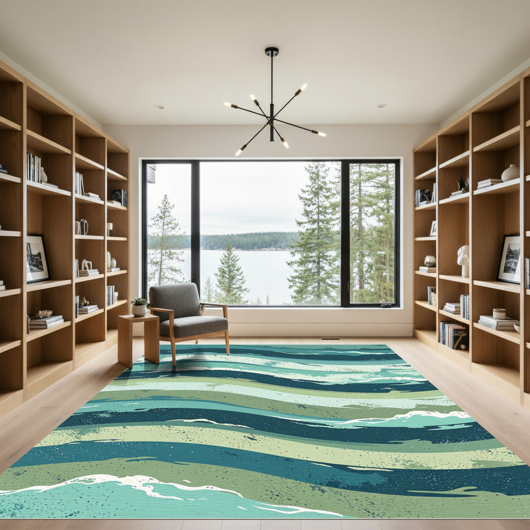 Deep Teal Serene Flowing Waves Rug
