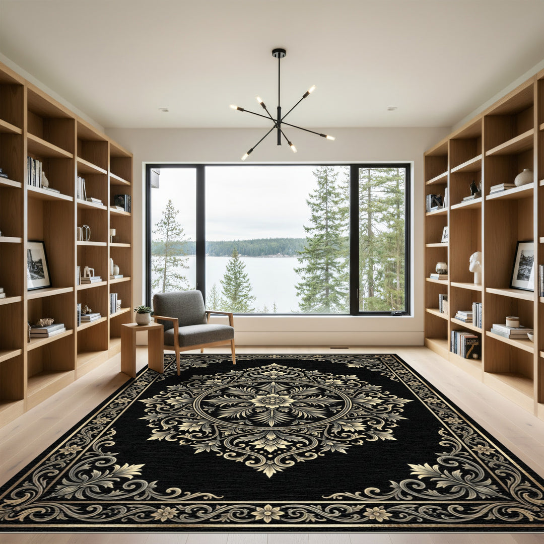 Black Golden Floral Medallion Rug