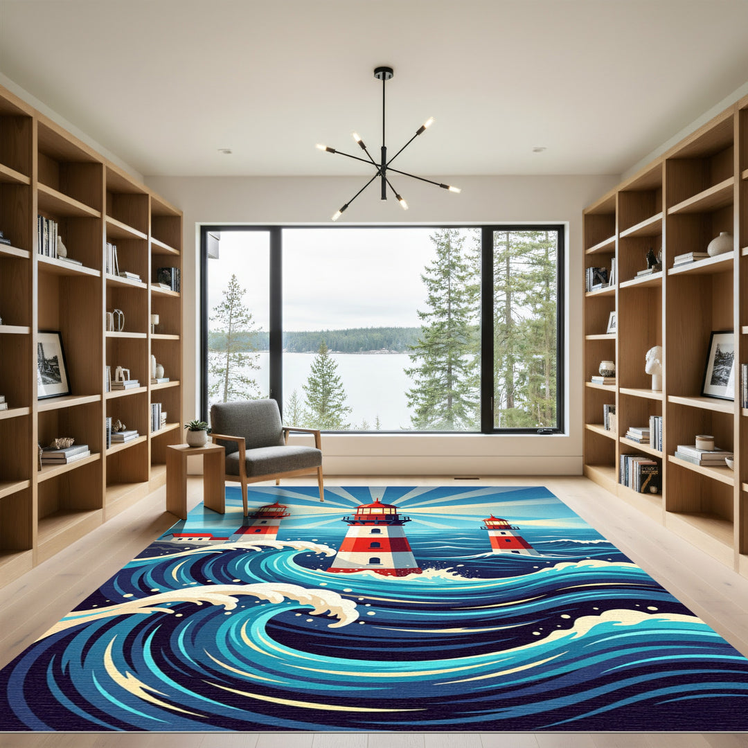 Coastal Red White Lighthouse Waves Rug