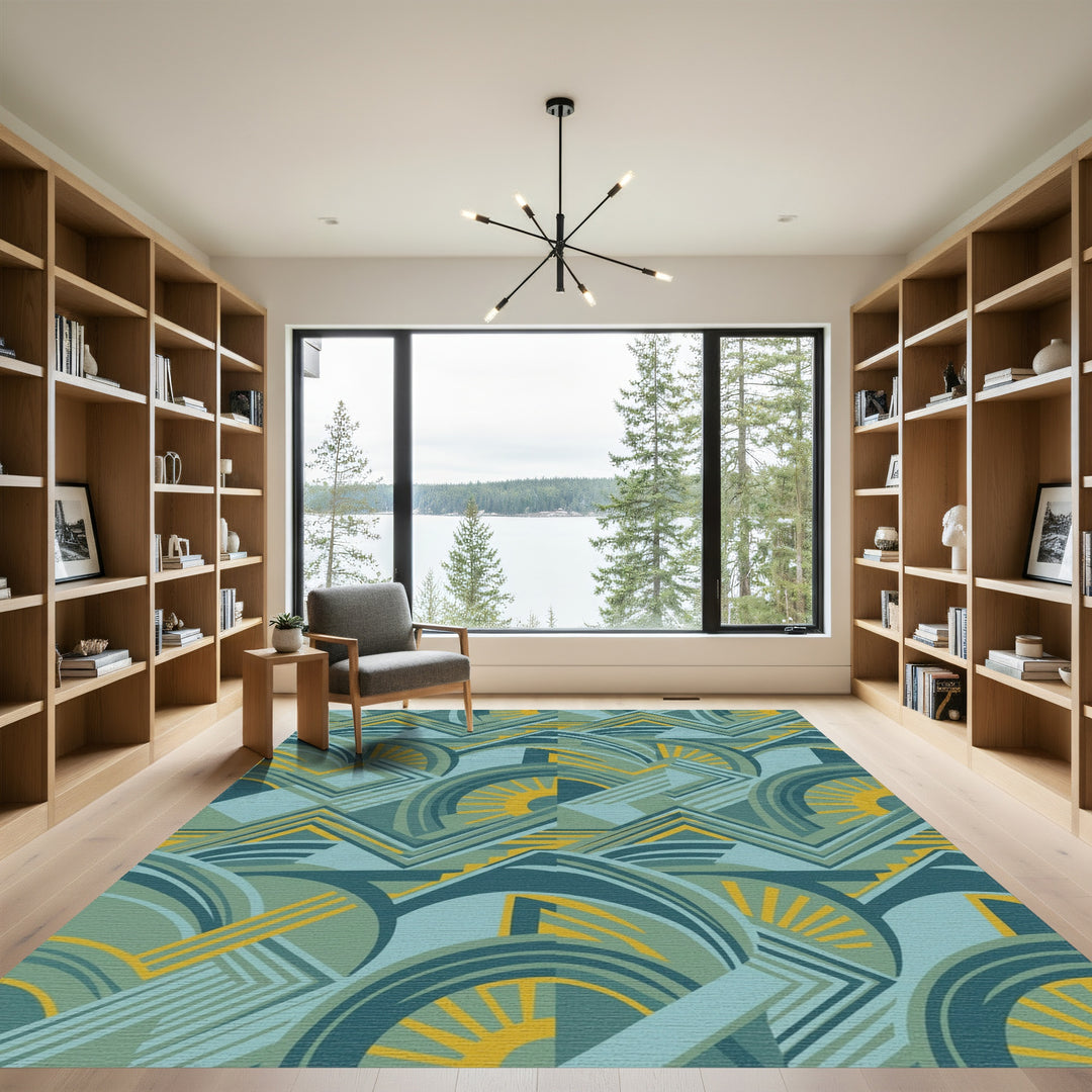 Art Deco Teal Yellow Sunburst Geometric Rug