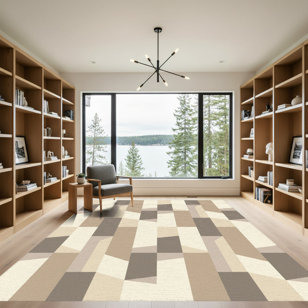 Geometric Beige Wood Block Facade Rug