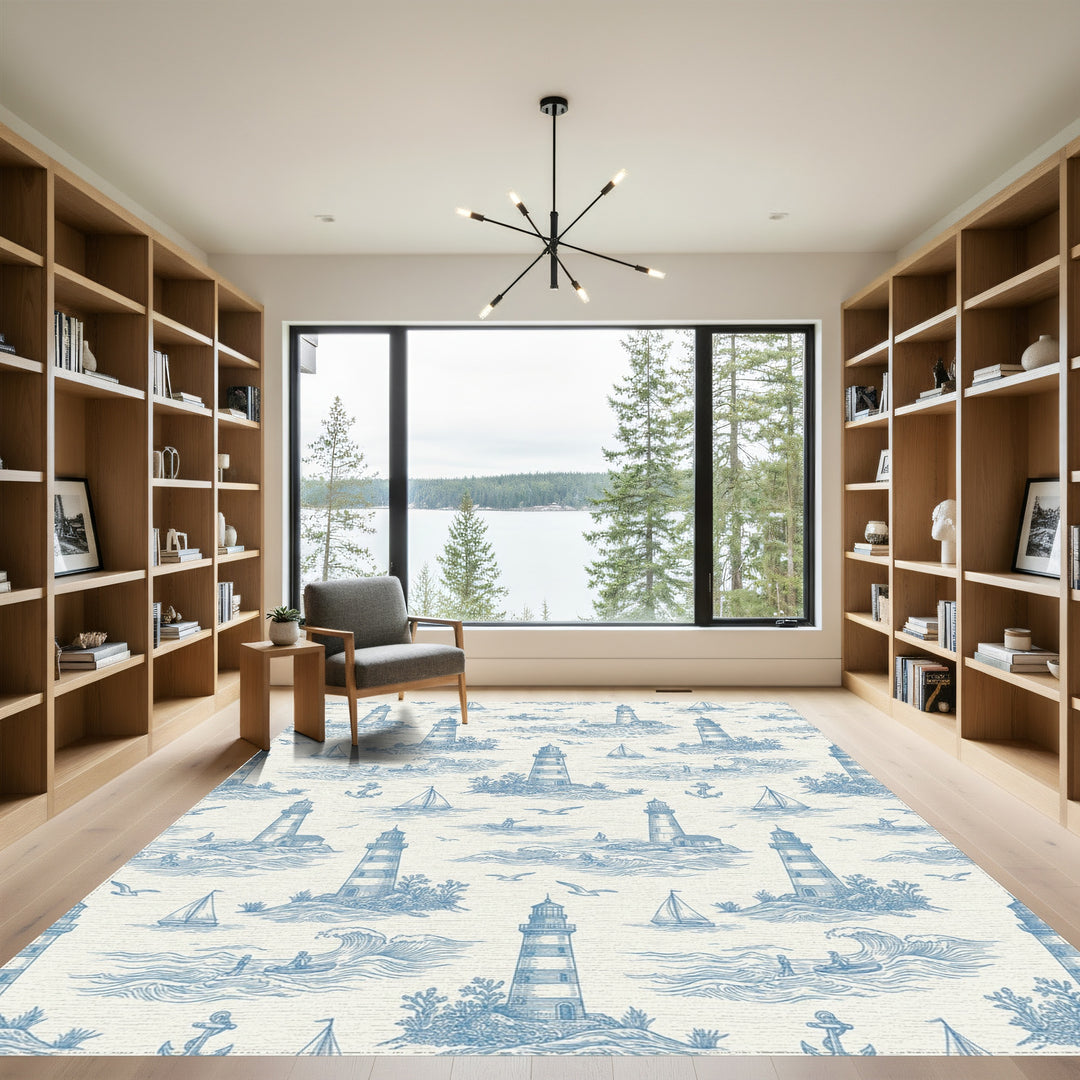 Coastal Blue Lighthouse Sailboat Scene Rug