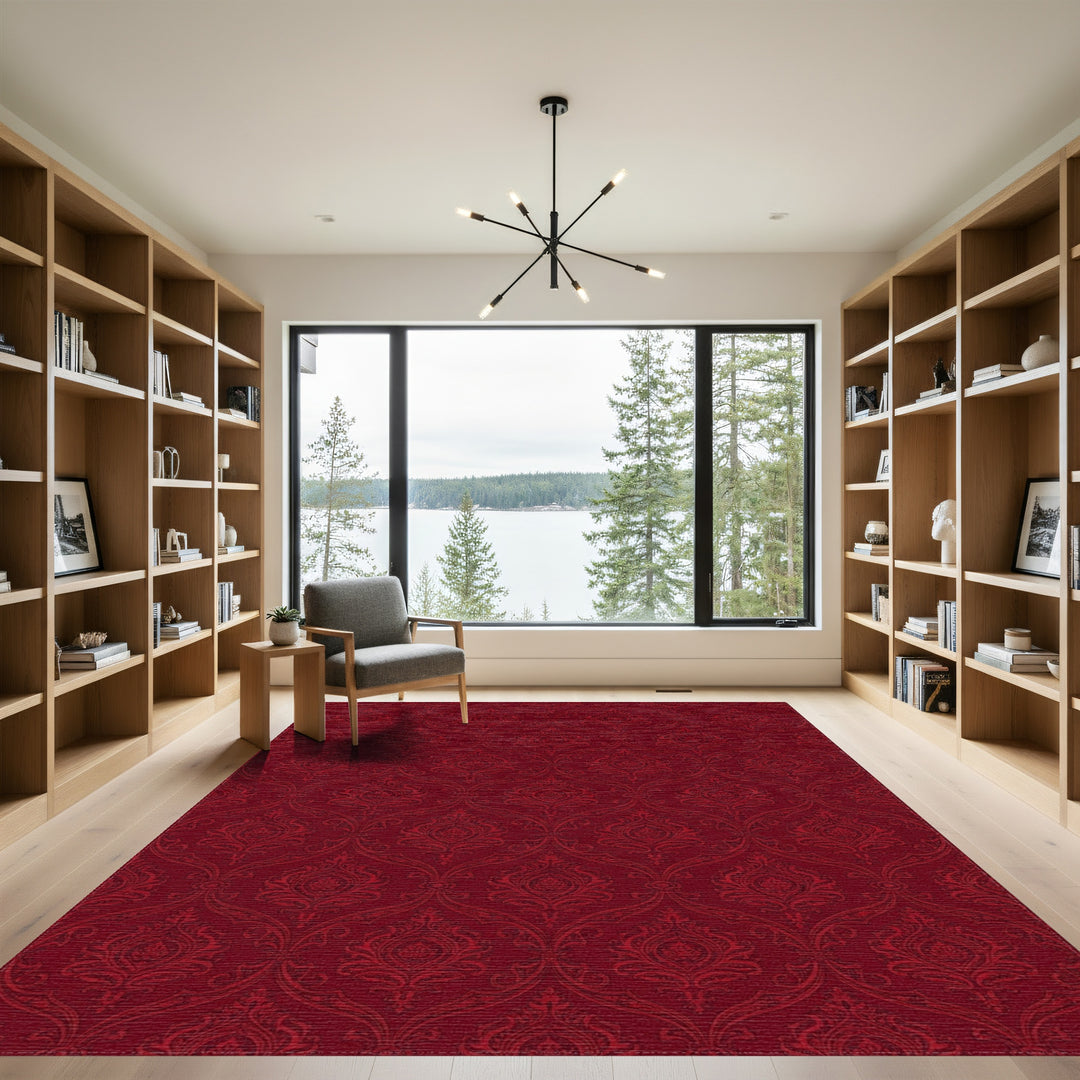 Deep Crimson Damask Scroll Rug