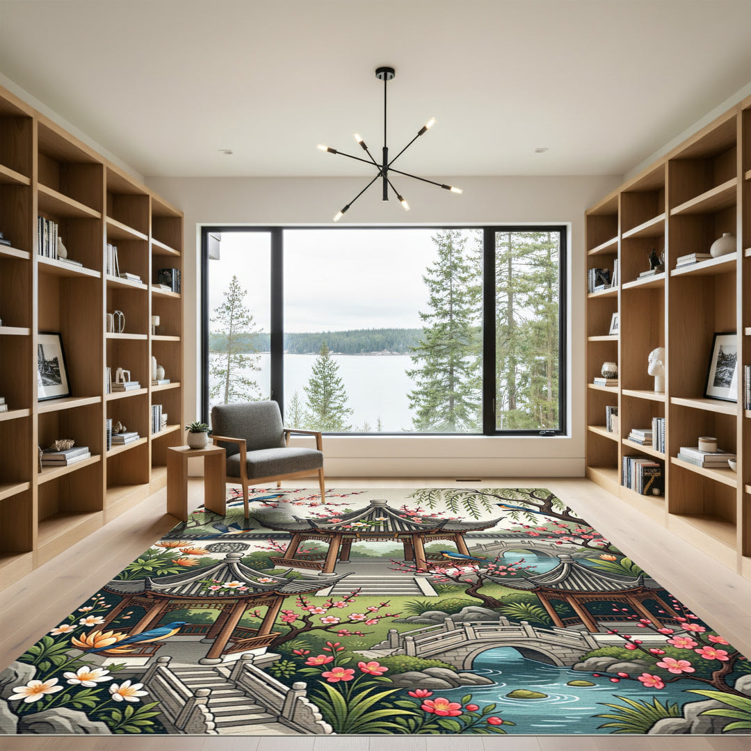 Elegant Chinese Garden Bird Blossom Rug