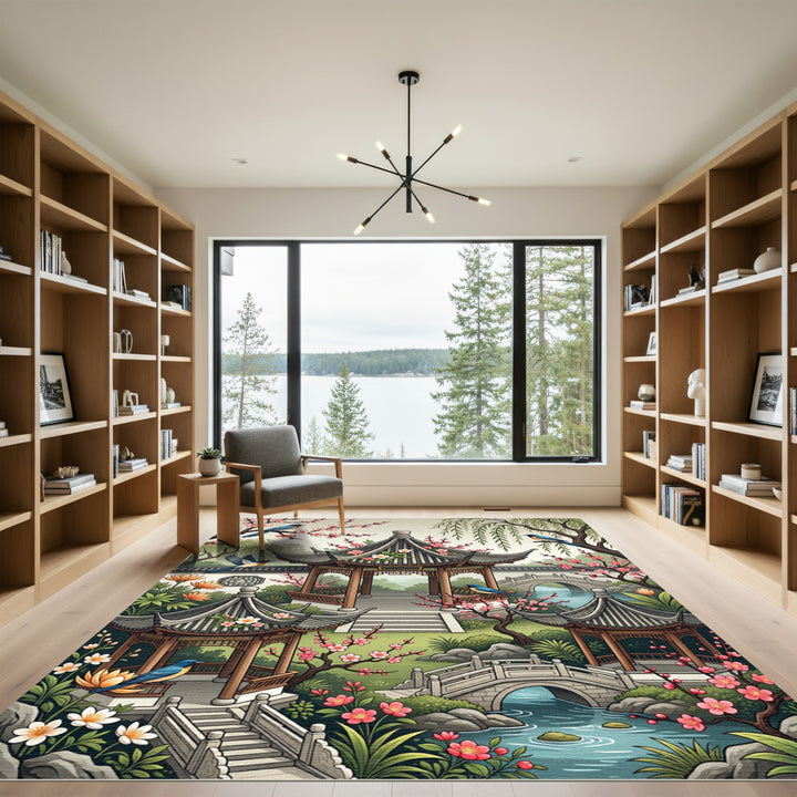 Elegant Chinese Garden Bird Blossom Rug
