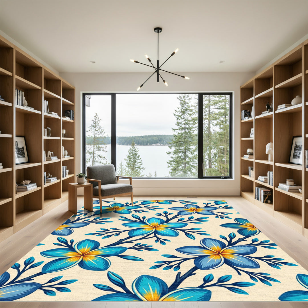 Tropical Blue Yellow Plumeria Floral Rug