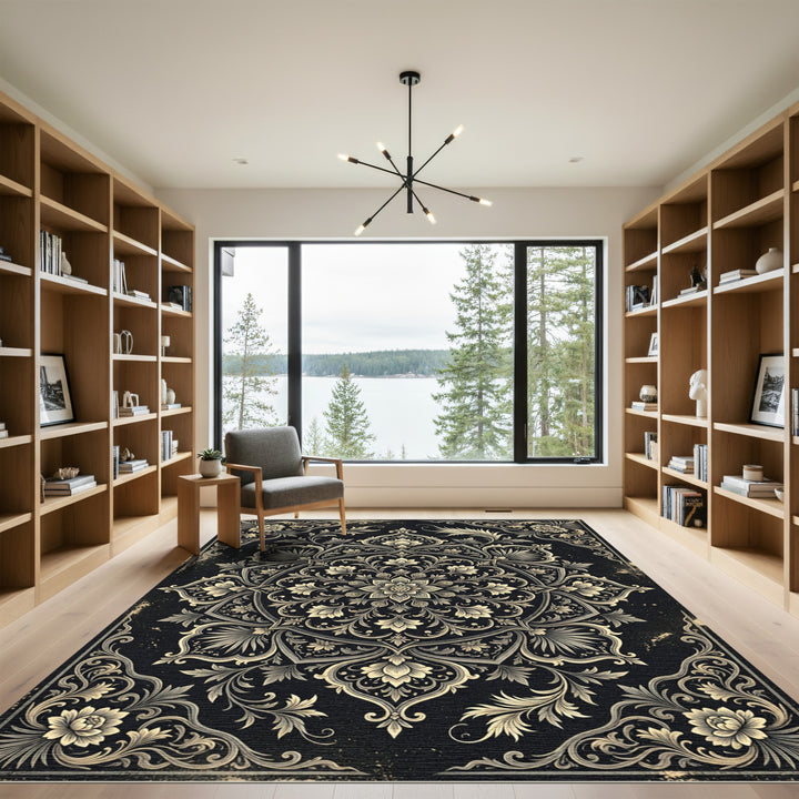 Elegant Black Floral Mandala Rug