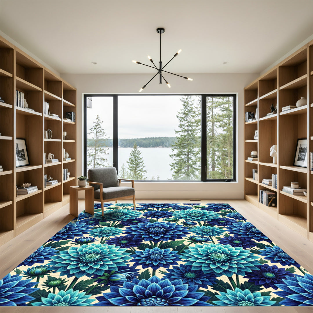 Blue Teal Floral Dahlia Arrangement Rug