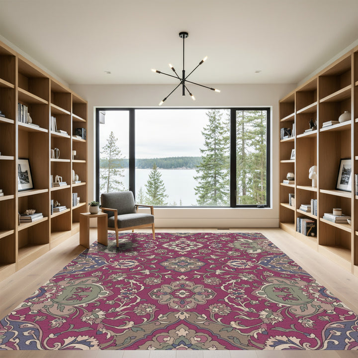 Deep Crimson Floral Medallion Scroll Rug