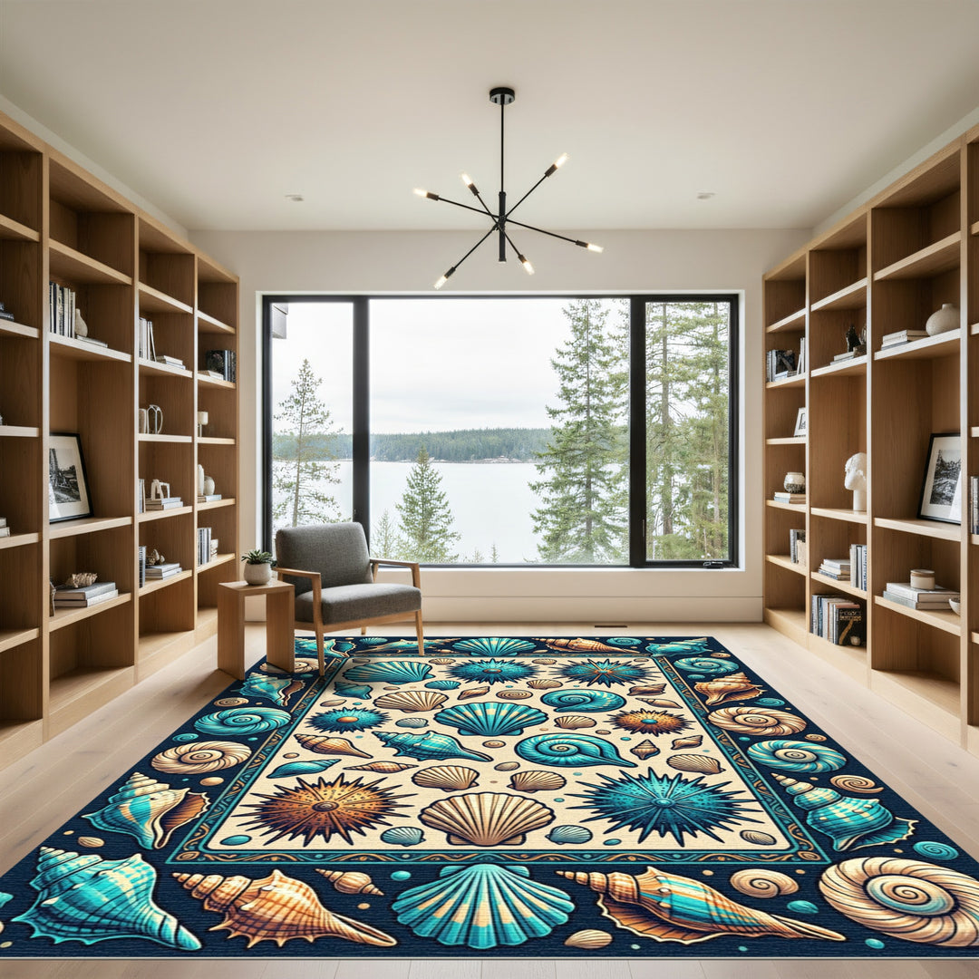 Seashell Motif Teal Orange Border Rug