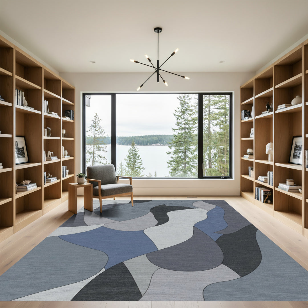 Modern Graphite Blue Abstract Waves Rug