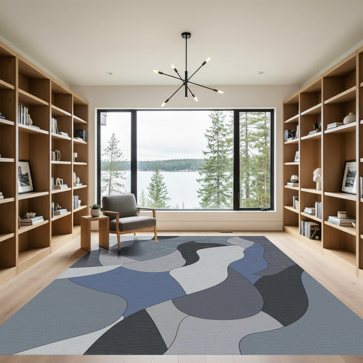 Modern Graphite Blue Abstract Waves Rug