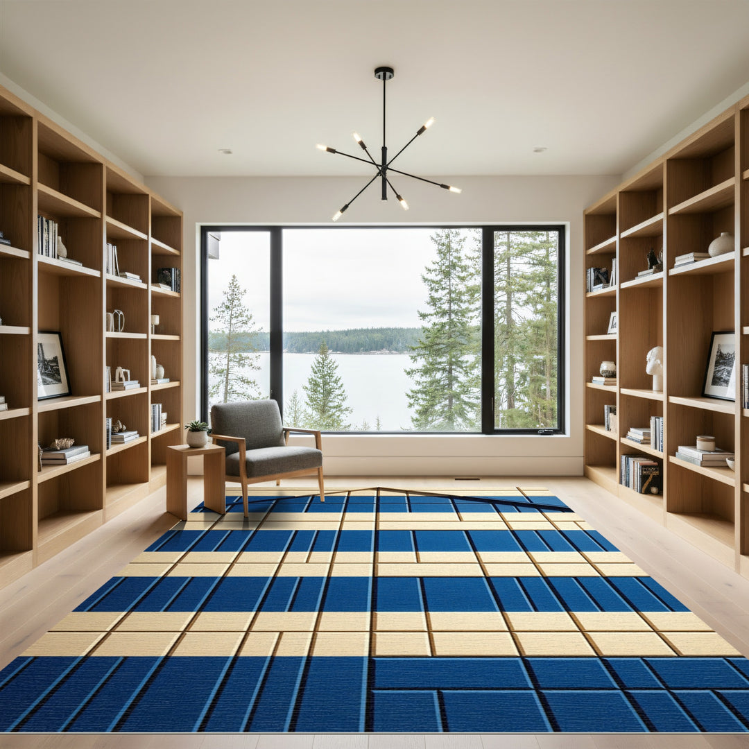 Geometric Blue Cream Stripes Rug
