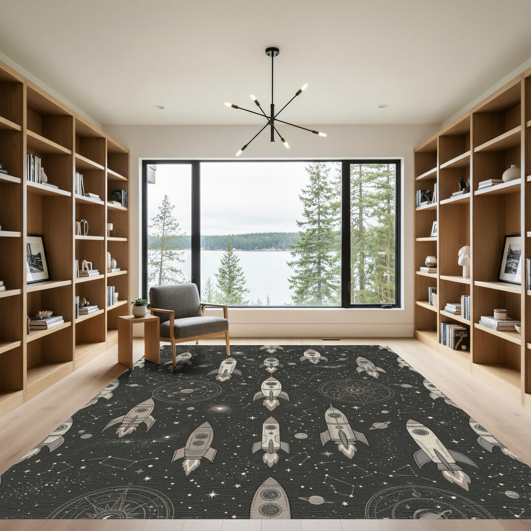 Retro Grey Spaceship Constellation Starfield Rug