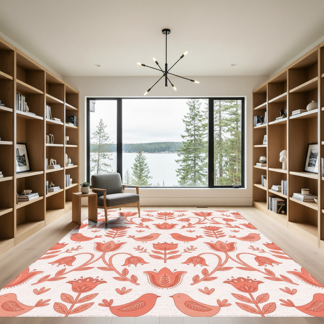 Coral Folk Floral Bird Garden Rug