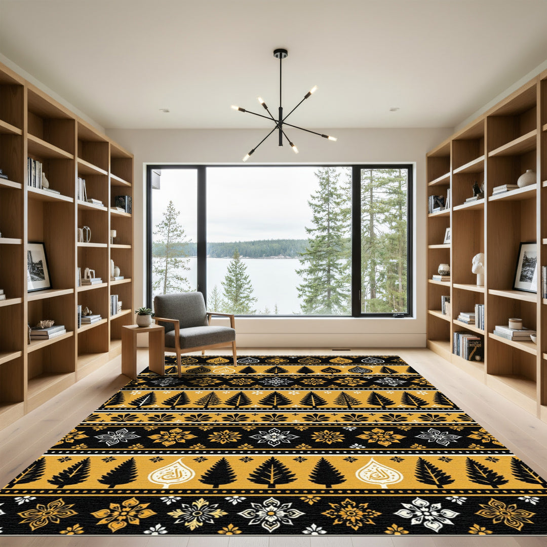 Golden Yellow Black Tree Floral Medallion Rug