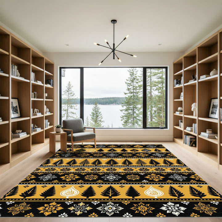 Golden Yellow Black Tree Floral Medallion Rug