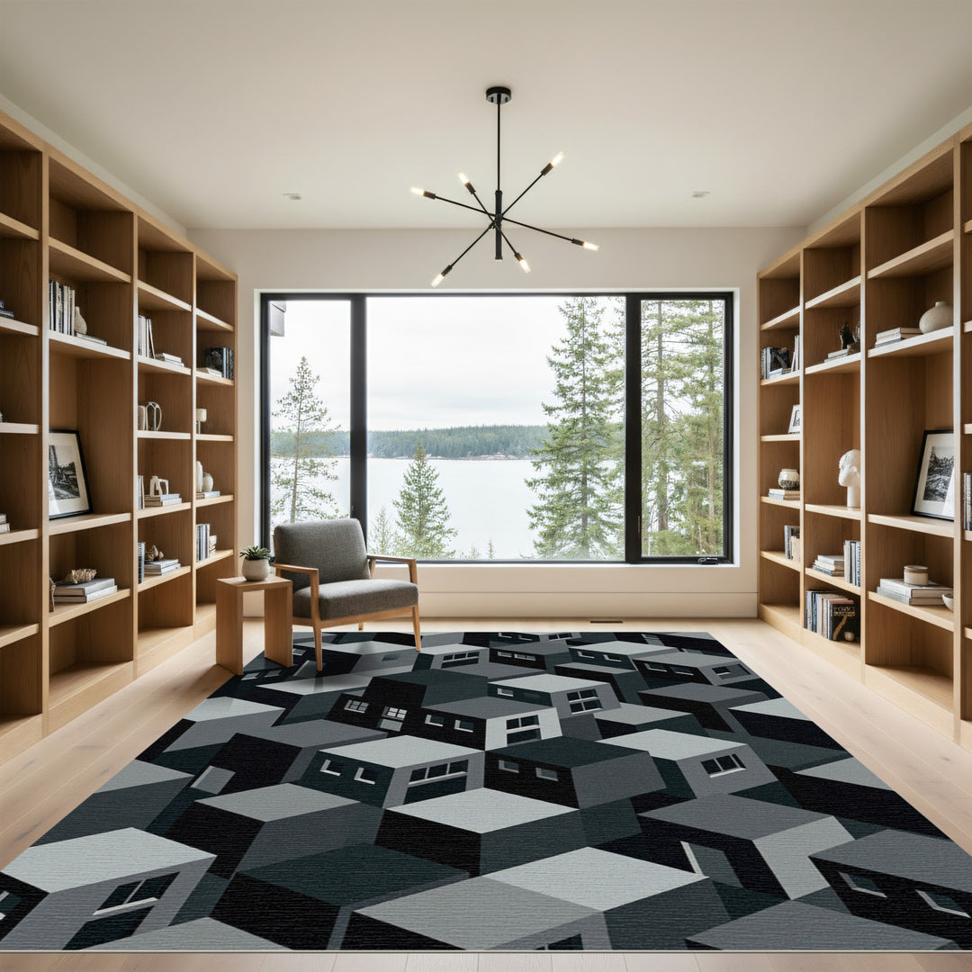 Monochromatic Isometric Cityscape Rug