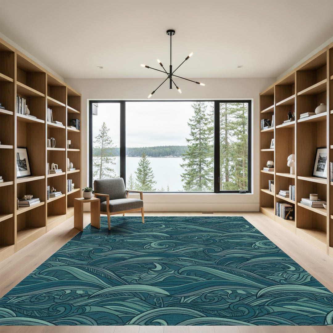 Deep Teal Ocean Waves Abstract Rug