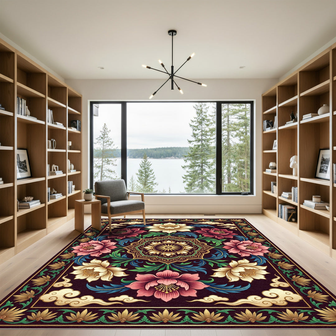 Ornate Floral Golden Medallion Rug