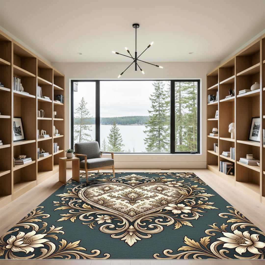 Elegant Golden Heart Damask Rug