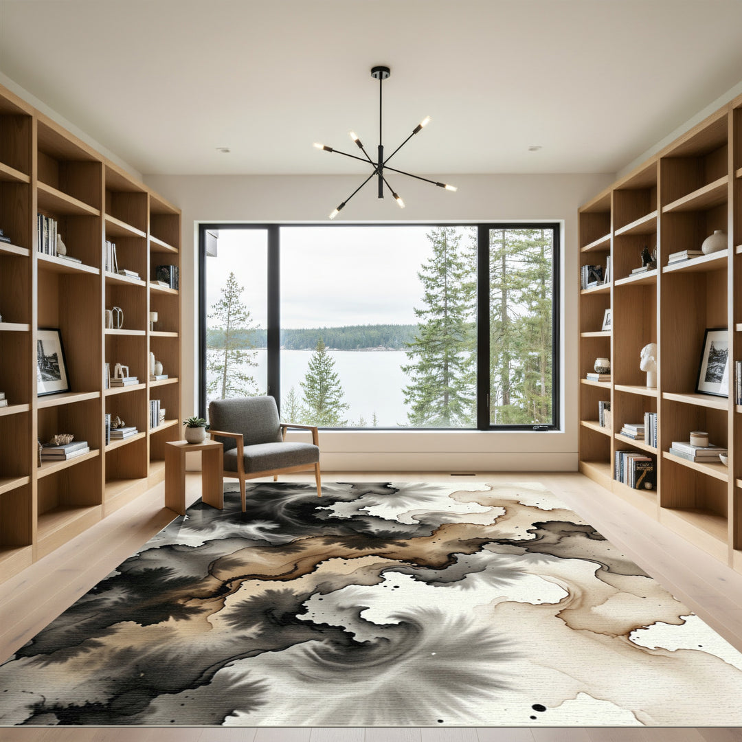 Ink Wash Abstract Sepia Swirl Rug