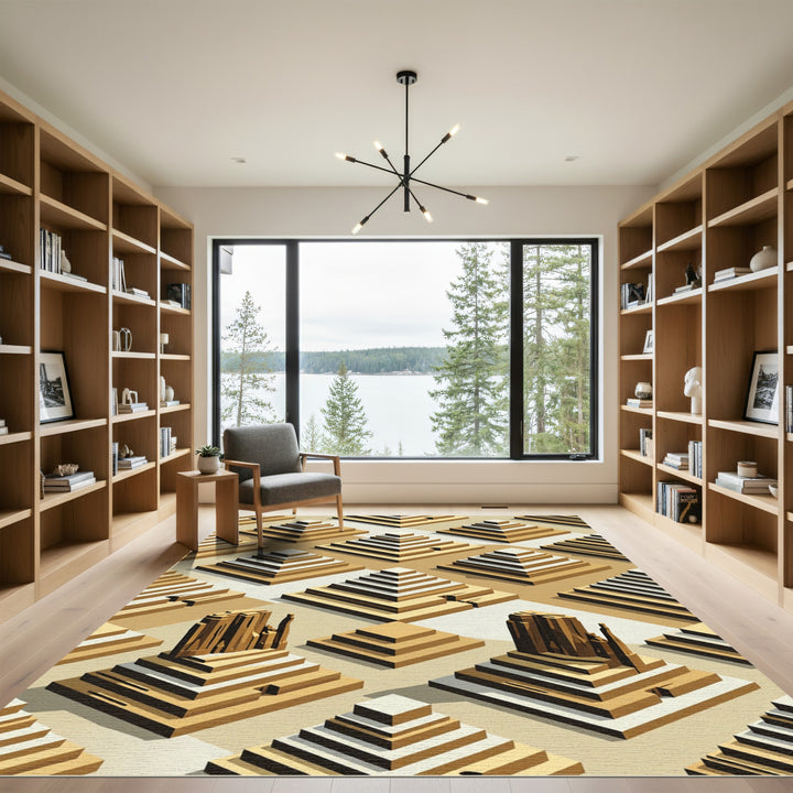 Golden Tiered Pyramid Architecture Rug