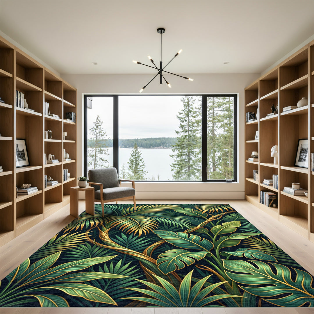 Golden Green Tropical Jungle Leaves Rug