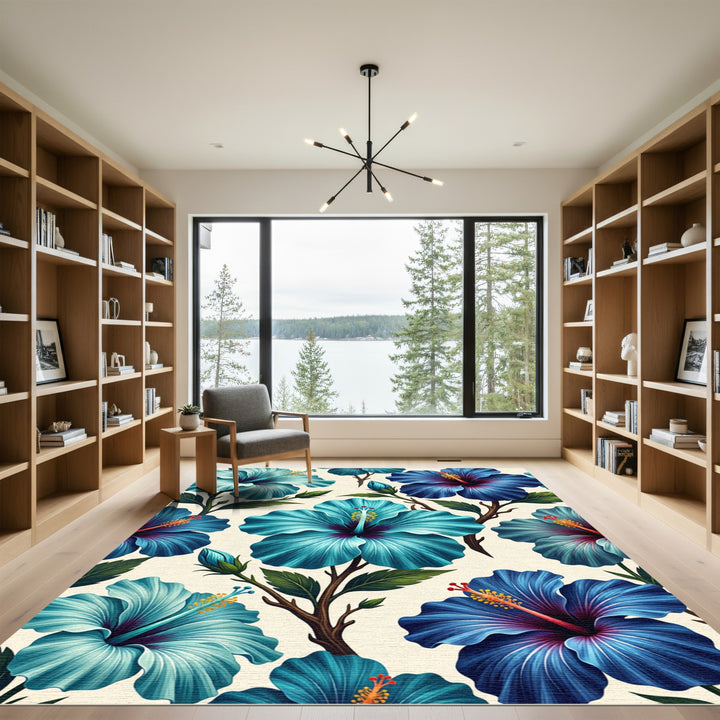 Vibrant Blue Hibiscus Floral Arrangement Rug
