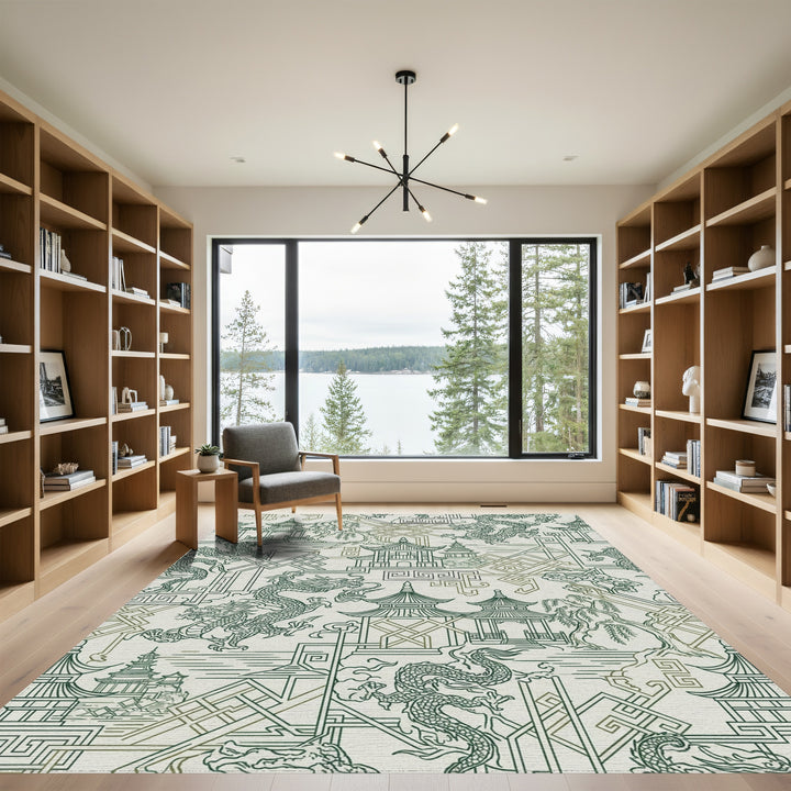 Emerald Dragon Pagoda Landscape Harmony Rug