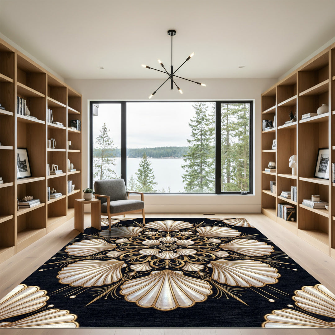 Luxurious Golden Seashell Mandala Rug