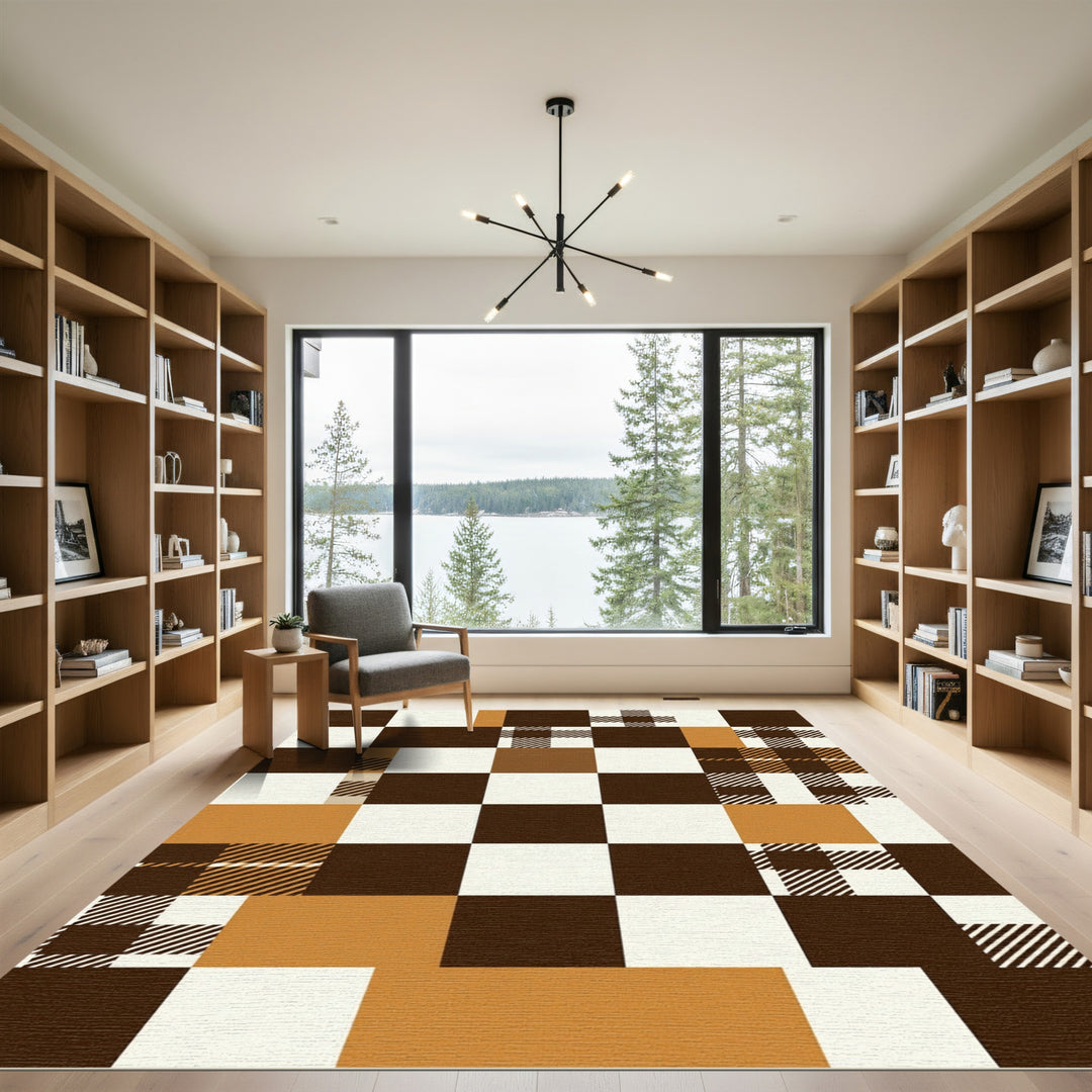 Brown Tan White Plaid Checkerboard Rug