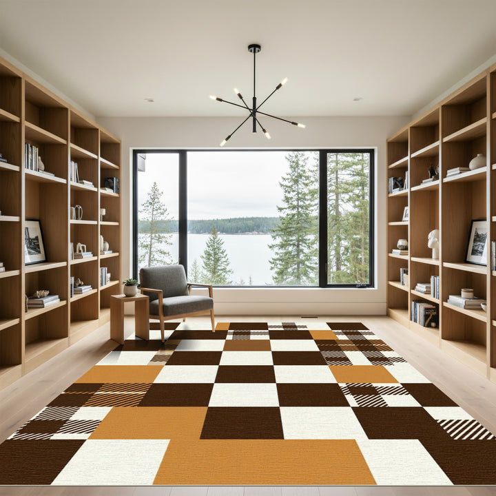 Brown Tan White Plaid Checkerboard Rug