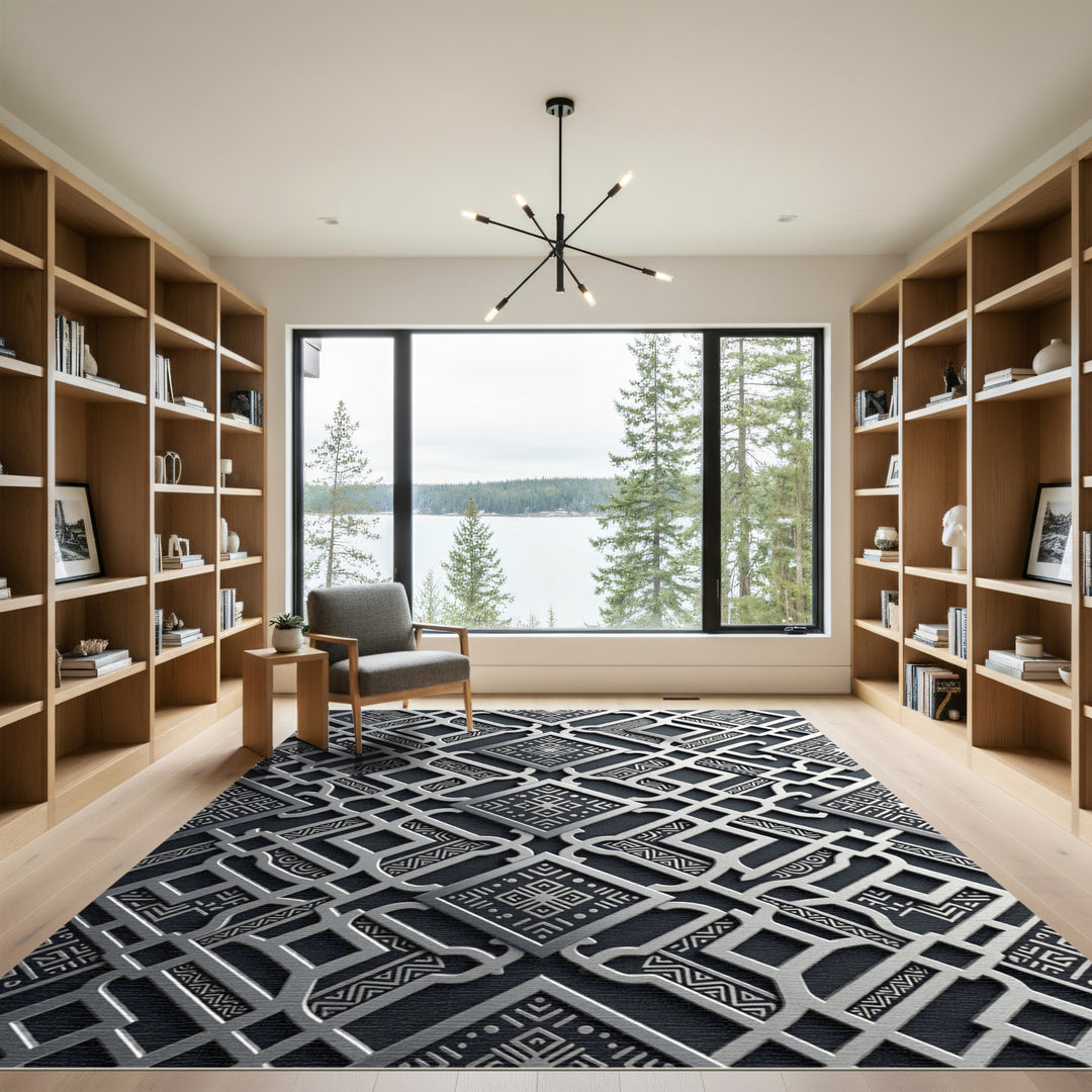 Elegant Silver Geometric Inlay Rug