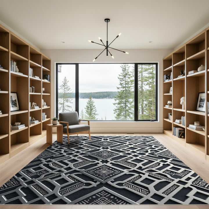 Elegant Silver Geometric Inlay Rug