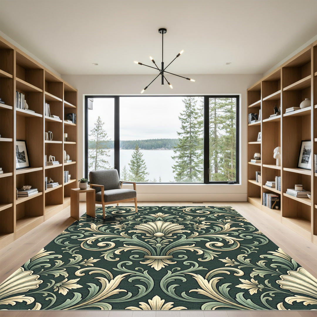 Ornate Green Cream Acanthus Scroll Rug