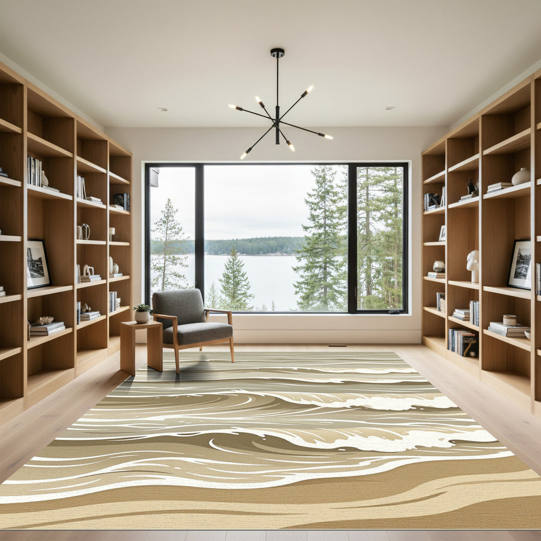 Serene Coastal Wave Abstract Rug