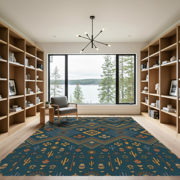 Teal Earth Tones Thunderbird Geometric Rug