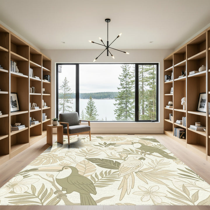 Toucans Parrots Tropical Foliage Beige Rug
